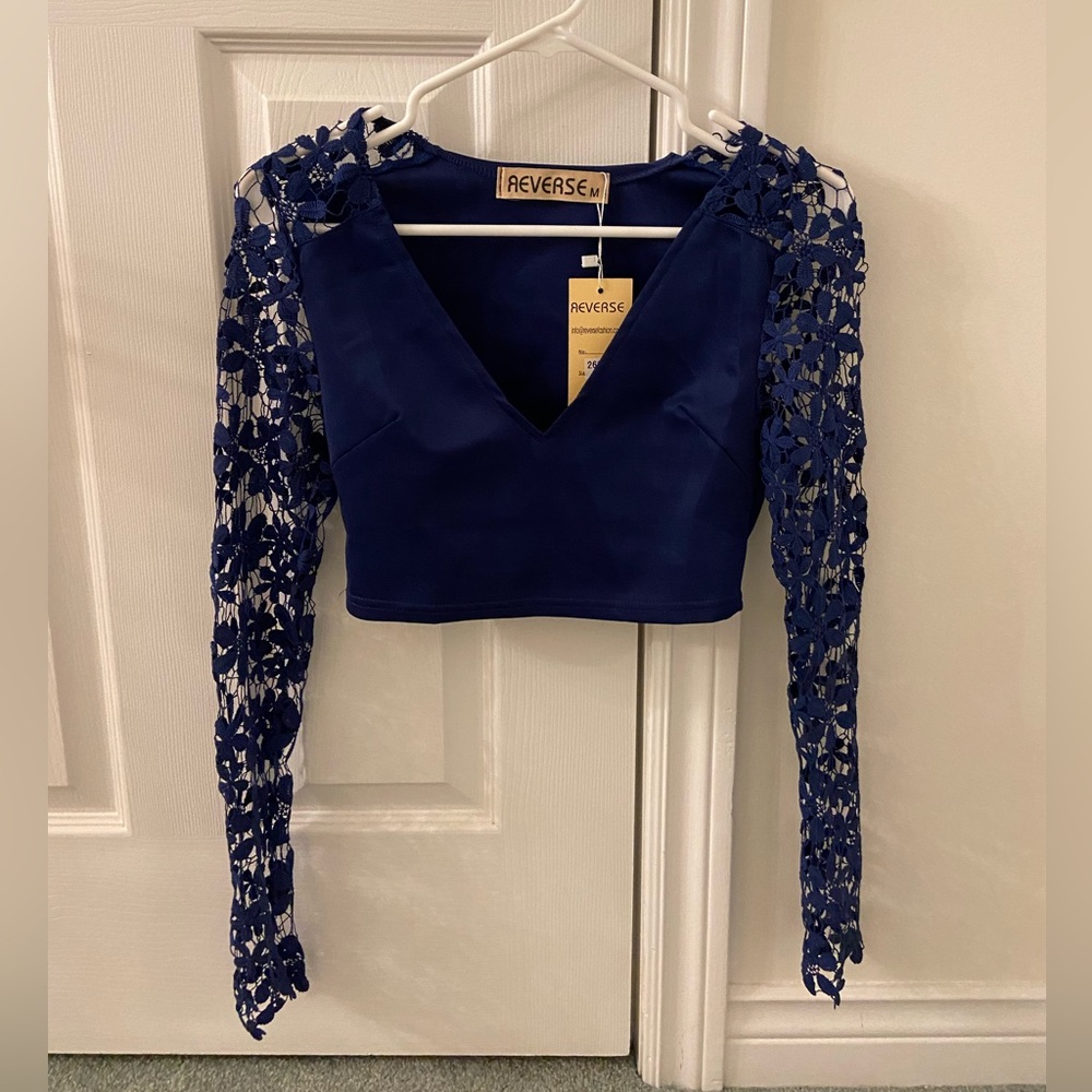 Reverse Navy Blue Crop Top with Crochet Flower Lace Sleeves (BNWT)